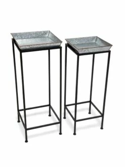 Square Nesting Plant Stands With Galvanized Trays, Set Of 2