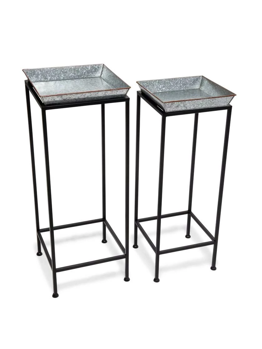 Square Nesting Plant Stands With Galvanized Trays, Set Of 2 3 Square Nesting Plant Stands With Galvanized Trays, Set Of 2